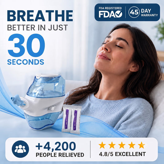 AquaFlow Pro nasal irrigator — breathe better in just 30 seconds, FDA registered, 45 day warranty