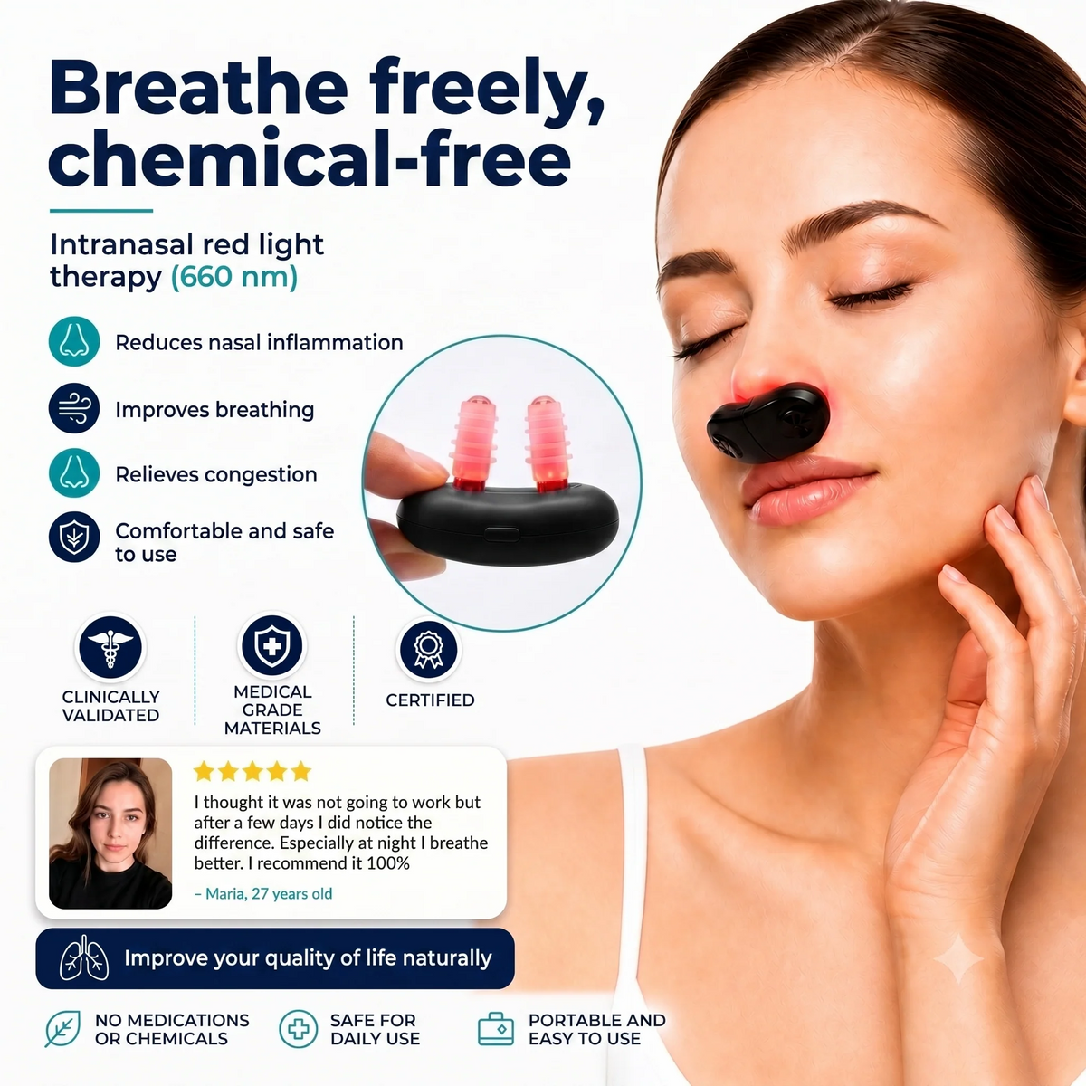 LuzNasal 660 intranasal red light therapy device at 660 nm, shown with two soft nose-tip applicators