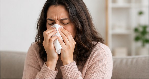 Woman sneezing into a tissue at home