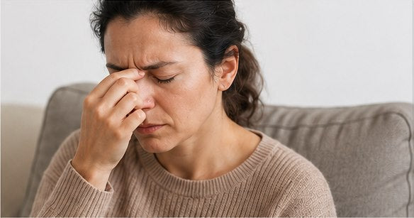 Woman pressing the bridge of her nose because of congestion