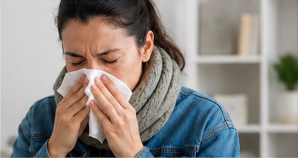 Woman blowing her nose while wrapped in a scarf