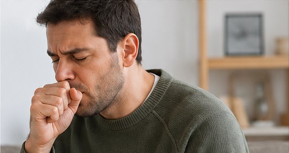 Man coughing into his hand at home