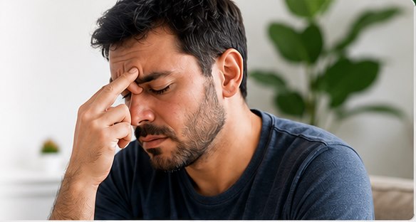 Man holding the bridge of his nose because of sinus pressure