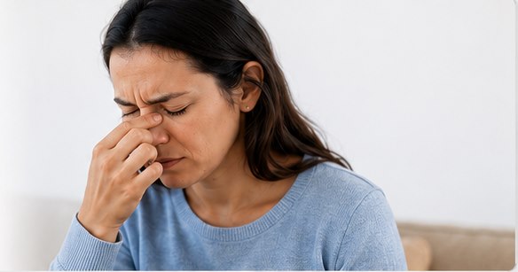 Woman with sinus discomfort resting at home