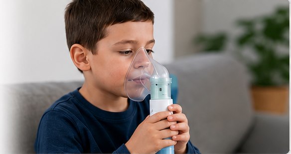Boy using a nebulizer mask on the sofa